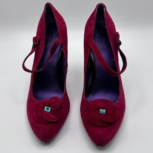 Poetic Justice Beverly Feldman Red Suede Rosette Balletcore Mary Jane Pumps 6.5